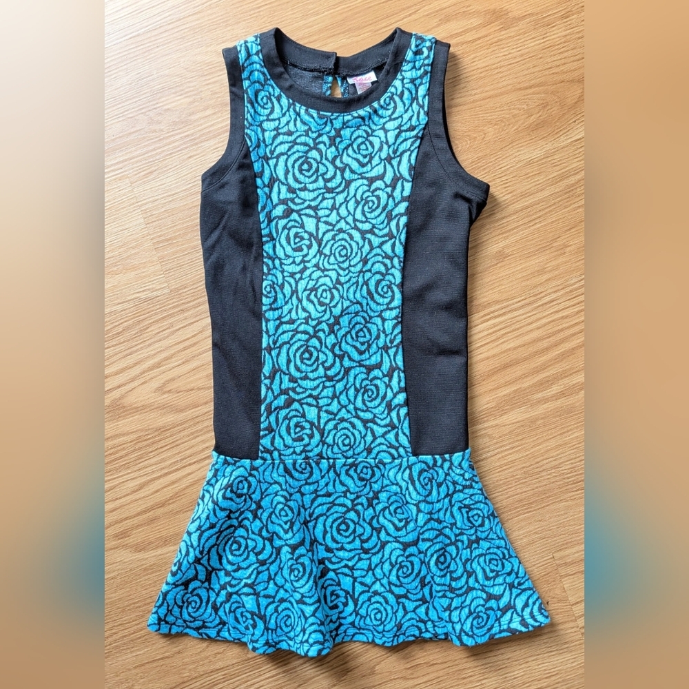Justice Teal Rose Print Fit & Flare Dress, Size 12